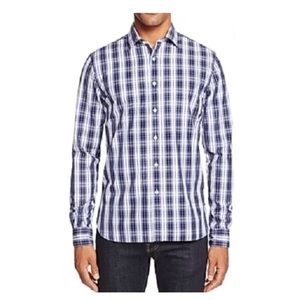 New men’s Bloomingdale’s dark blue plaid shirt